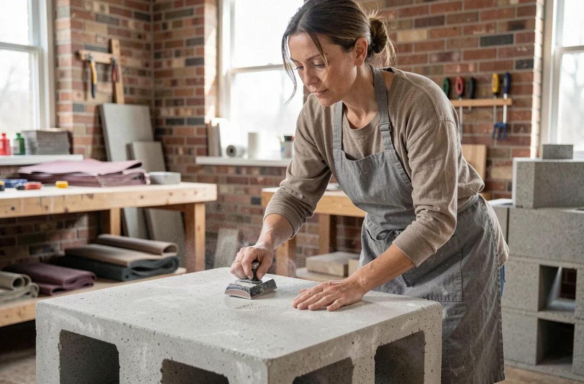 Femme ponçant une table basse en béton cellulaire faite main dans un atelier de bricolage à domicile