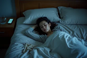 Femme fatiguée allongée sur un matelas affaissé de mauvaise qualité dans une chambre à coucher, illustrant un sommeil perturbé et non réparateur