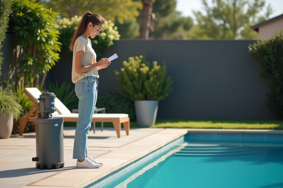 Jeune femme vérifiant le filtre de la piscine