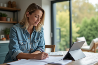 Femme d'âge moyen remplissant des formulaires dans une cuisine lumineuse