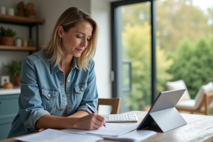 Femme d'âge moyen remplissant des formulaires dans une cuisine lumineuse