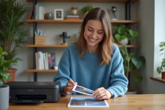 Jeune femme souriante examinant des photos imprimées à domicile