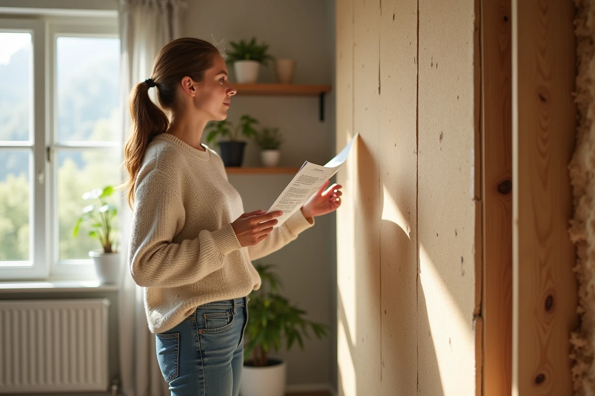 Jeune femme examinant une isolation en chanvre dans un salon lumineux