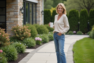 Femme souriante avec mug sur voie en béton et pierre