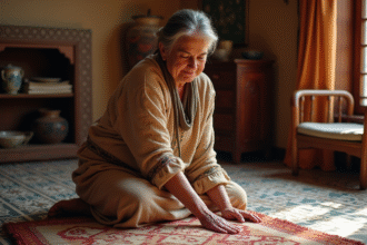 Femme marocaine examine un tapis berbere traditionnel