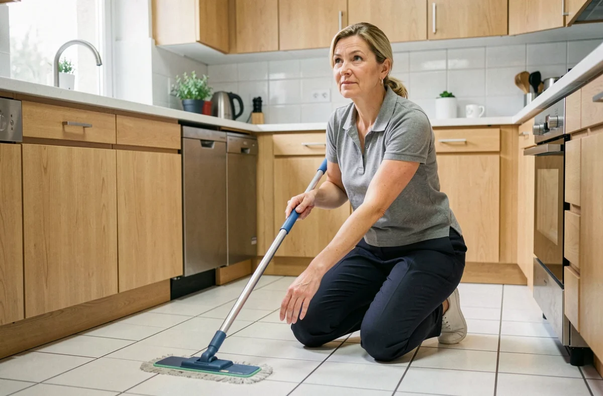 Femme de ménage professionnelle nettoyant le sol d'une cuisine moderne dans une maison du 95
