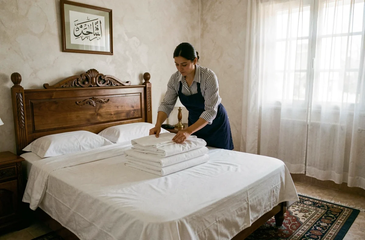 Femme de ménage pliant du linge propre sur un lit dans une chambre bien rangée d'un appartement à Alger