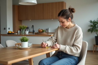 Femme mesurant la hauteur d'une chaise avec un ruban