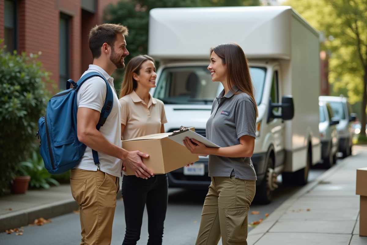 Femme monteuse parlant avec un couple devant leur appartement