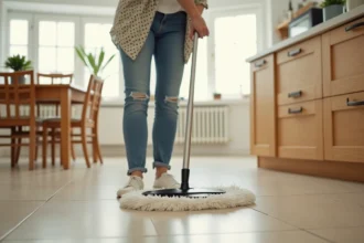 Femme utilisant une serpillere sur carrelage beige dans une cuisine lumineuse