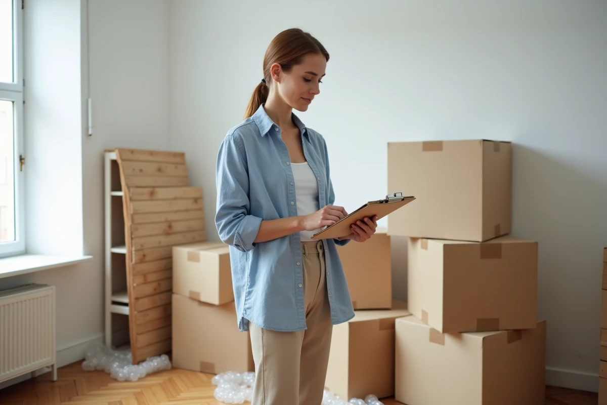 Femme organisant son déménagement dans un petit studio entouré de cartons et d'affaires emballées