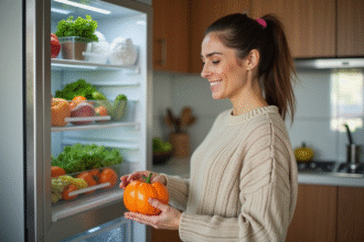 Femme souriante organise des produits frais dans un frigo moderne