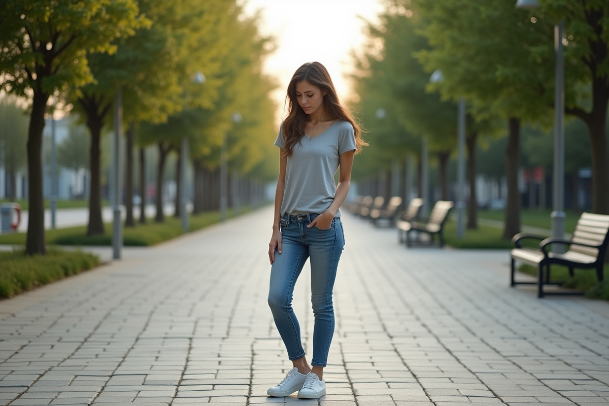 Jeune femme regardant le chemin pavé dans un parc urbain