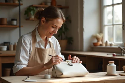 Femme appliquant de la peinture sur un sac en cuir lisse