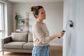 Femme appliquant de la peinture sur un mur de salon