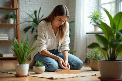 Femme en train de fertiliser ses plantes vertes dans un appartement lumineux