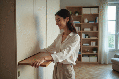Jeune femme plie une table murale dans un appartement moderne