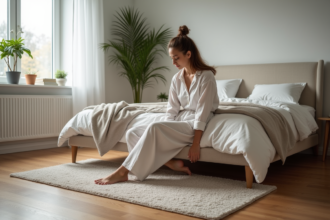 Jeune femme ajuste un tapis dans une chambre moderne
