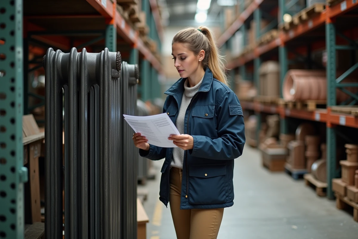 Femme comparant les prix d'un radiateur en fonte d'occasion dans un entrepôt de matériaux de récupération