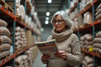 Femme examinant une promotion sur des granulés de bois Leclerc en magasin de bricolage