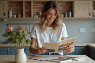 Femme souriante examine des échantillons de couleurs dans une cuisine en rénovation