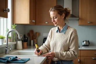 Femme répare une charnière de cuisine avec un tournevis