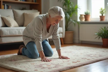 Femme d'âge moyen ajustant un tapis dans un salon lumineux