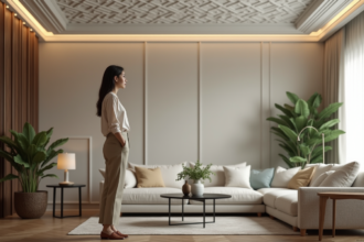 Femme dans un salon moderne admire un plafond géométrique