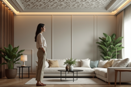 Femme dans un salon moderne admire un plafond géométrique