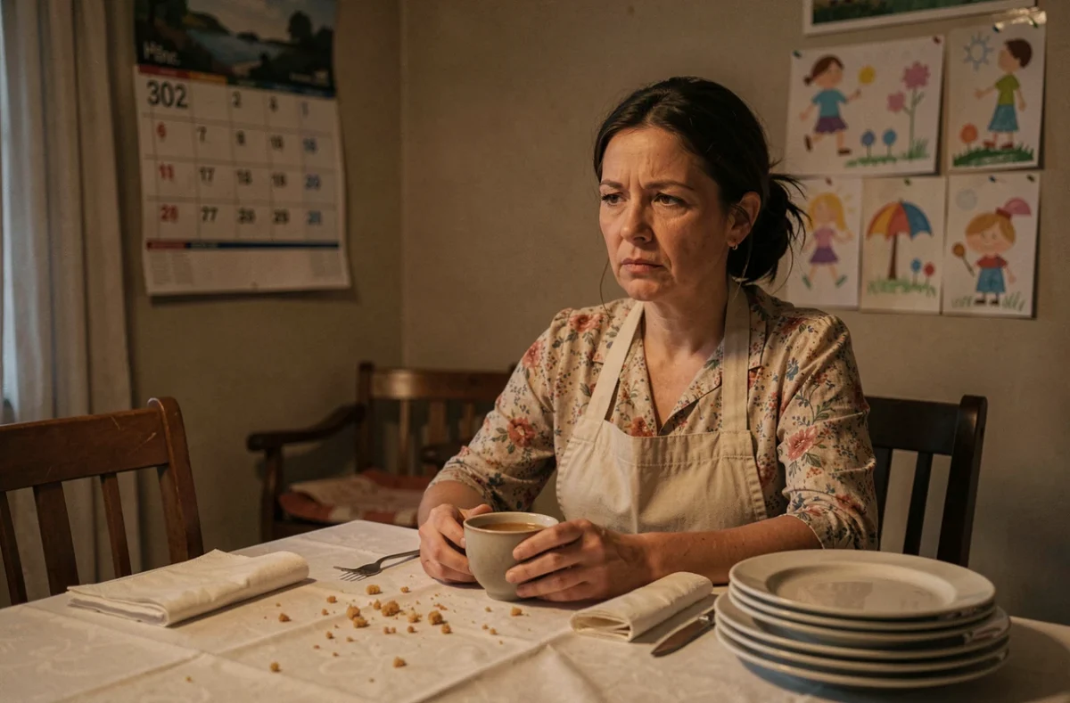 Femme seule à table après le repas familial, regard dans le vide, illustrant l'épuisement lié au syndrome de la femme de ménage