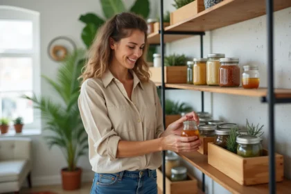Femme souriante arrangeant des bocaux colorés dans un intérieur durable
