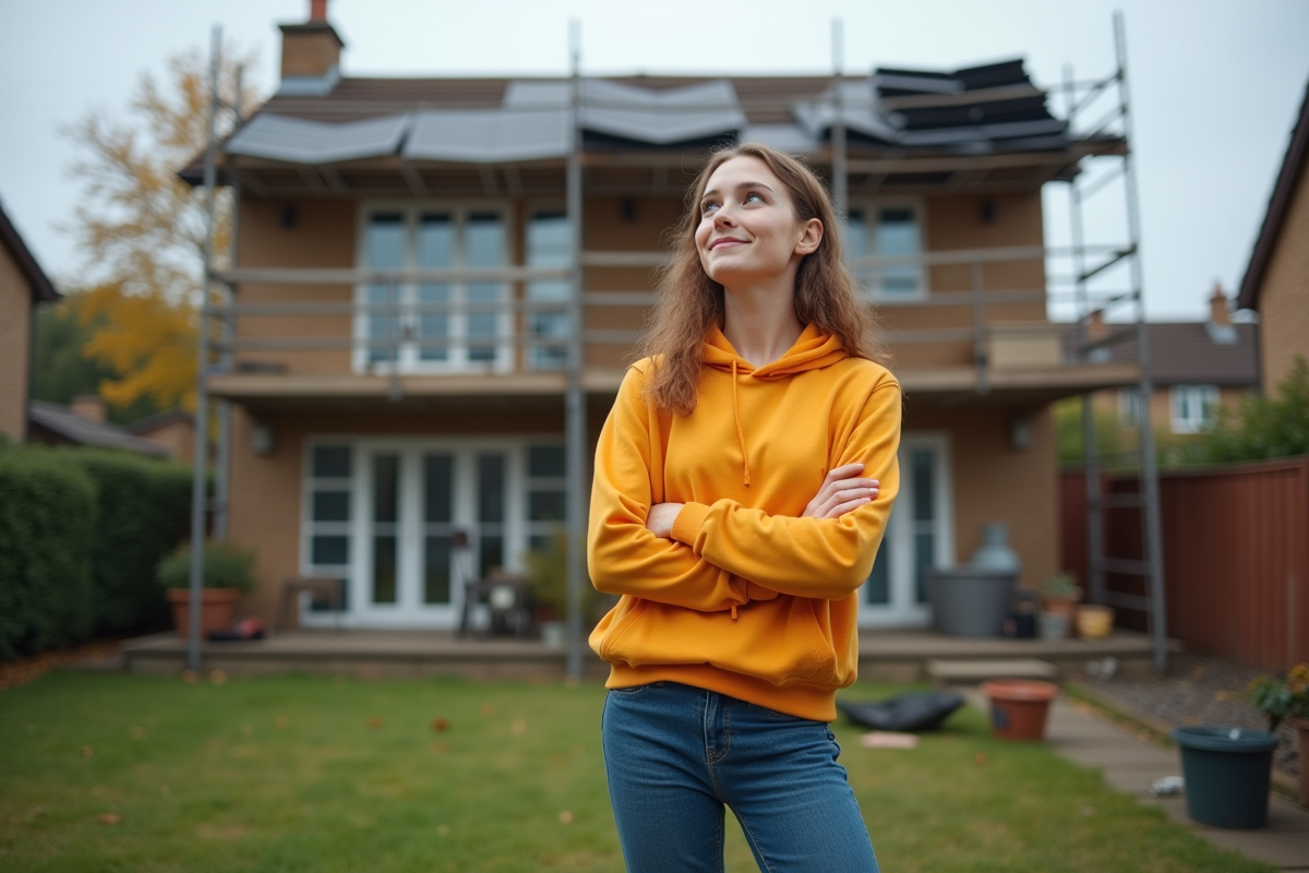 Jeune femme regardant le toit avec scaffolding dans le jardin