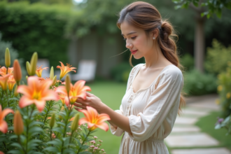 Jeune femme examinant des lys dans un jardin d'été