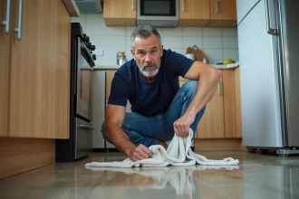Homme inquiet nettoyant une fuite d'eau dans la cuisine