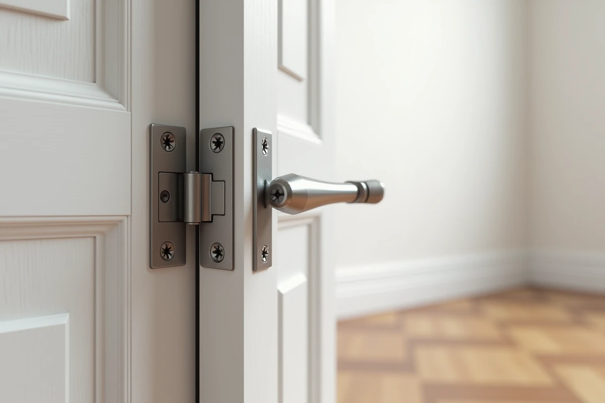 Gros plan sur un gond de porte sans vis avec cale en bois et tournevis posés sur le cadre