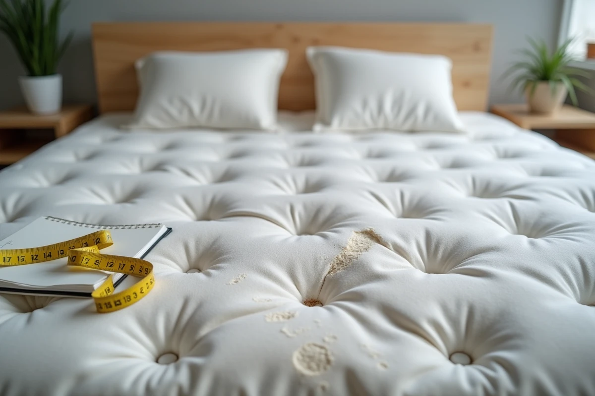 Gros plan sur la surface affaissée et usée d'un matelas de mauvaise qualité avec des déformations visibles, dans le cadre d'une évaluation consommateur