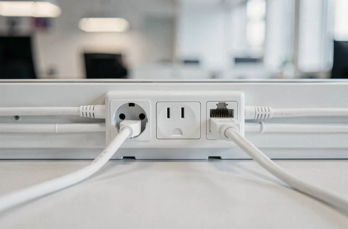 Gros plan sur une prise double et port RJ45 intégrés dans une goulotte murale blanche en open space