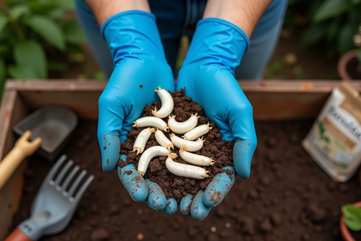 Gros plan de vers blancs tenus dans des gants de jardinage au-dessus d'un sol sombre pour illustrer leur identification