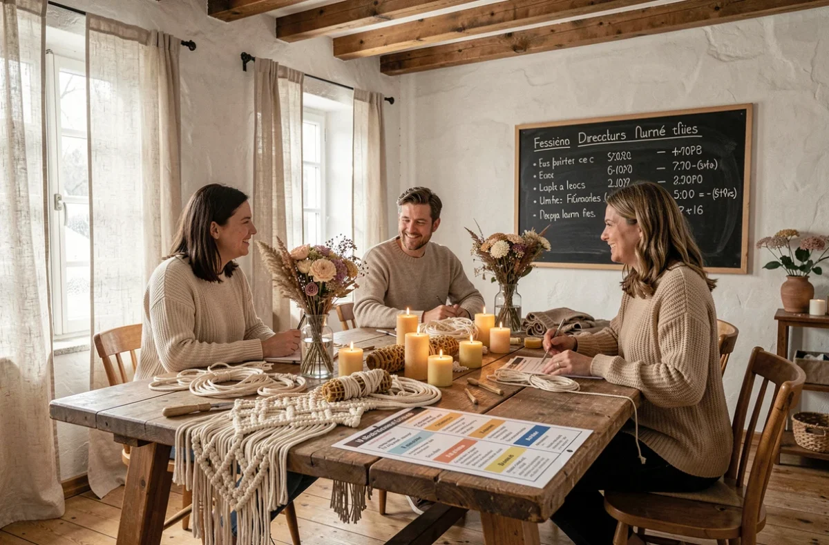 Groupe d'adultes participant à un atelier DIY hygge avec tableau de prix et matériaux créatifs sur grande table en bois