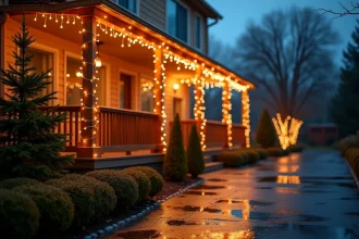 Guirlande lumineuse LED blanche résistante à la pluie sur la façade d'une maison décorée pour Noël
