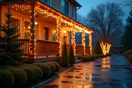 Guirlande lumineuse LED blanche résistante à la pluie sur la façade d'une maison décorée pour Noël