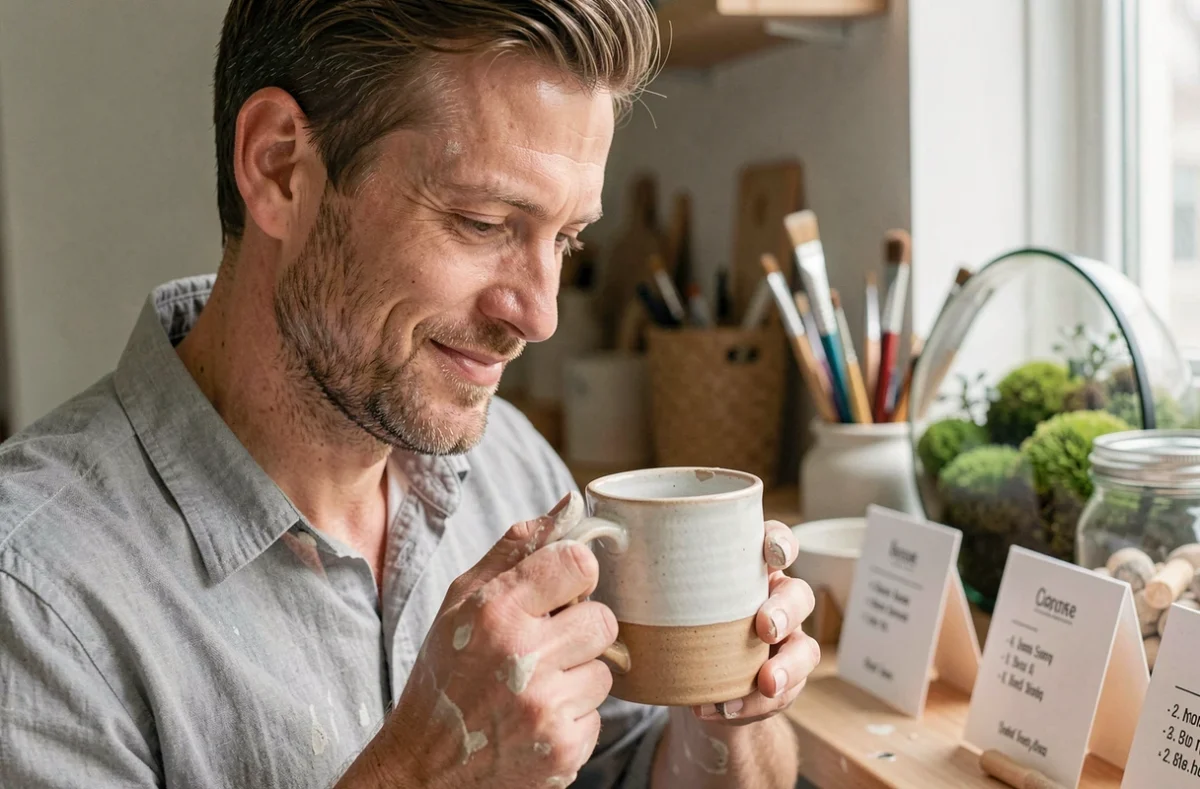 Homme tenant une tasse en céramique peinte à la main lors d'un atelier DIY hygge avec liste de tarifs en arrière-plan flou