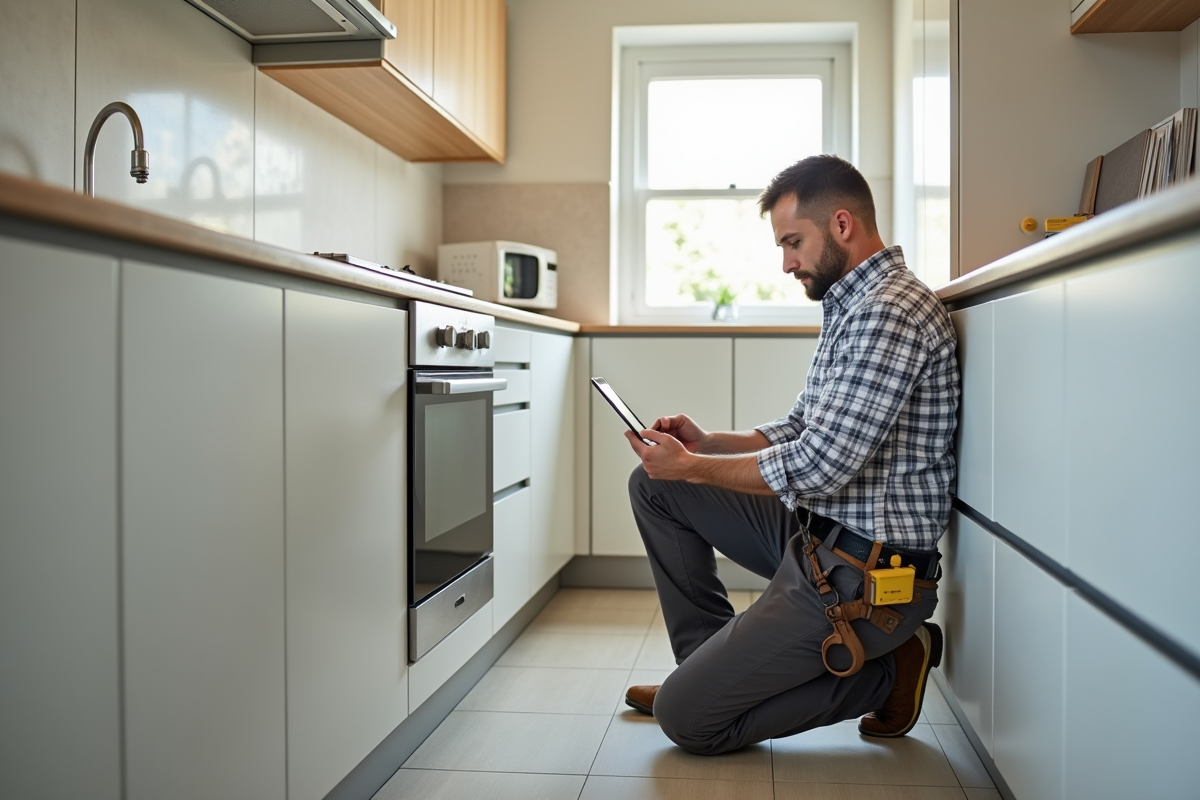 Homme avec tablette vérifiant le budget dans une cuisine moderne en cours d