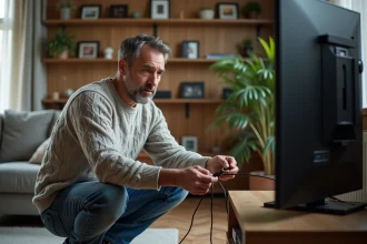 Homme d'âge moyen examinant un câble coaxial près de la télévision