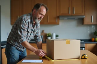 Homme calculant le volume d une grande boîte en carton