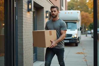 Homme portant des cartons de déménagement vers un camion de location devant un immeuble urbain
