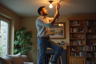 Homme d'âge moyen changeant une ampoule dans un salon chaleureux