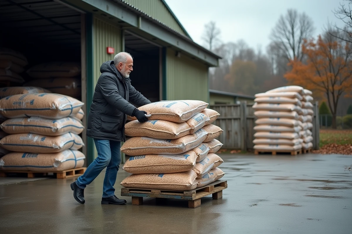 Homme chargeant des sacs de granulés de bois en promotion sur un chariot en entrepôt