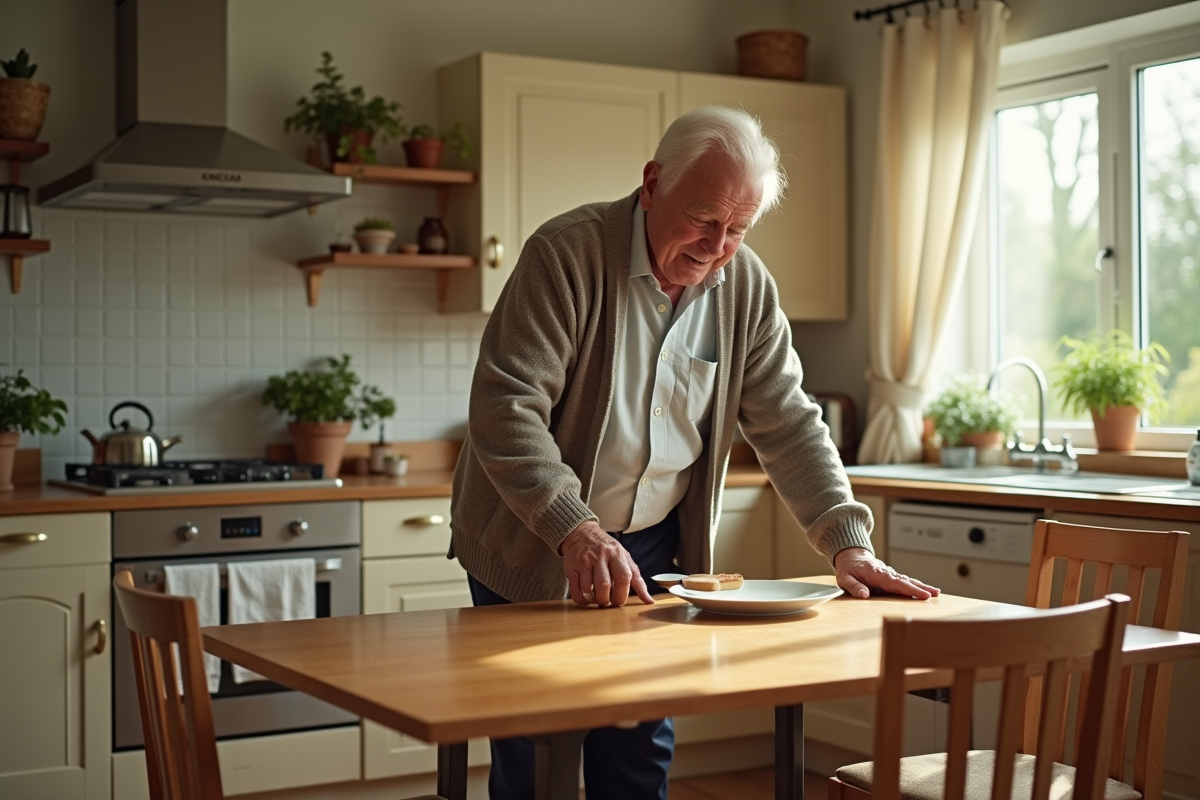 Homme âgé déplie une table dans une cuisine lumineuse