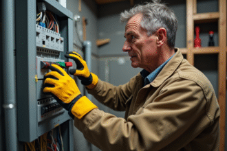Homme en tenue de travail vérifiant un tableau électrique